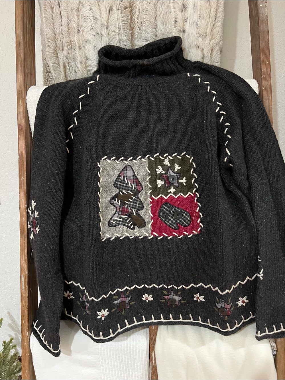 Coldwater Creek Turtleneck Sweater with Patchwork Appliqué